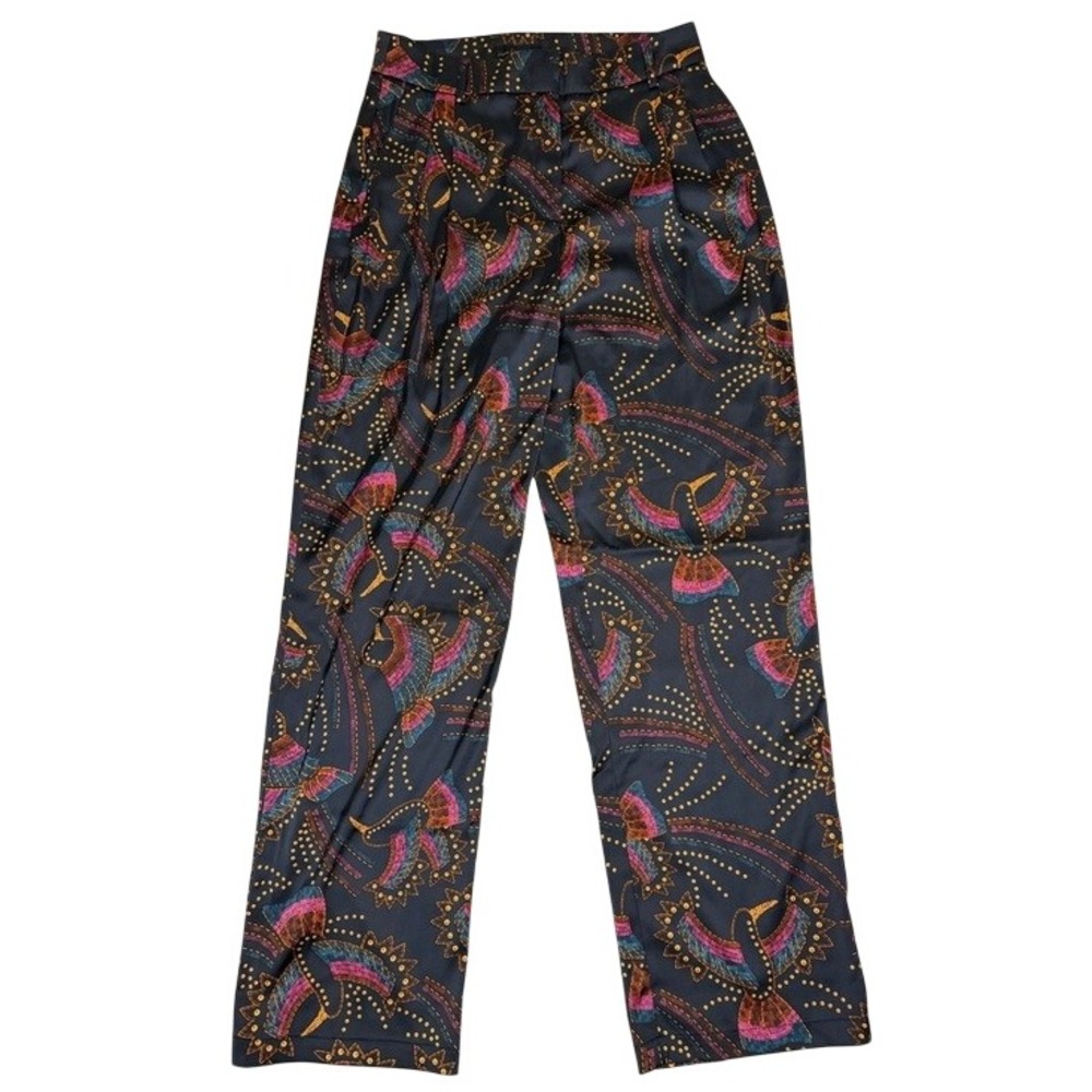 House of Harlow 1960 Black Satin Bird Print Wide Leg Trousers Pants Women Size 6